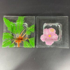 Fused Glass Square Plates With Palm Tree & Pink Hibiscus Flower Design By Pizzo